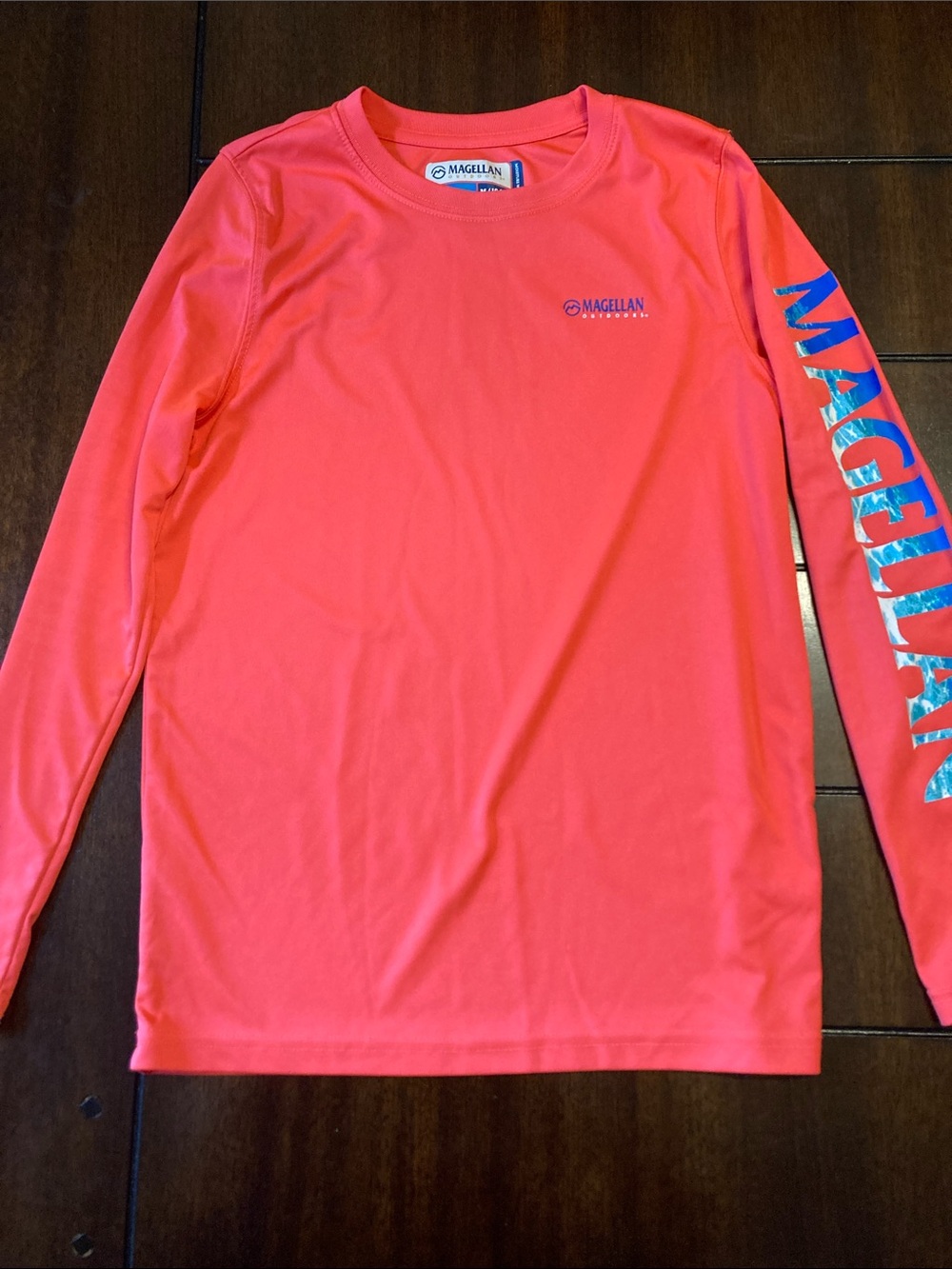 Magellan Outdoors Kids Swim Rashguard - Neon Coral with Blue Logo